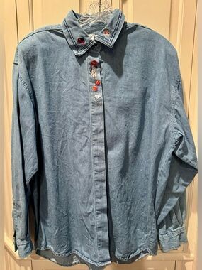 Women’s Capacity Long Sleeve Fall Autumn Embroidered Denim Shirt - Size Large